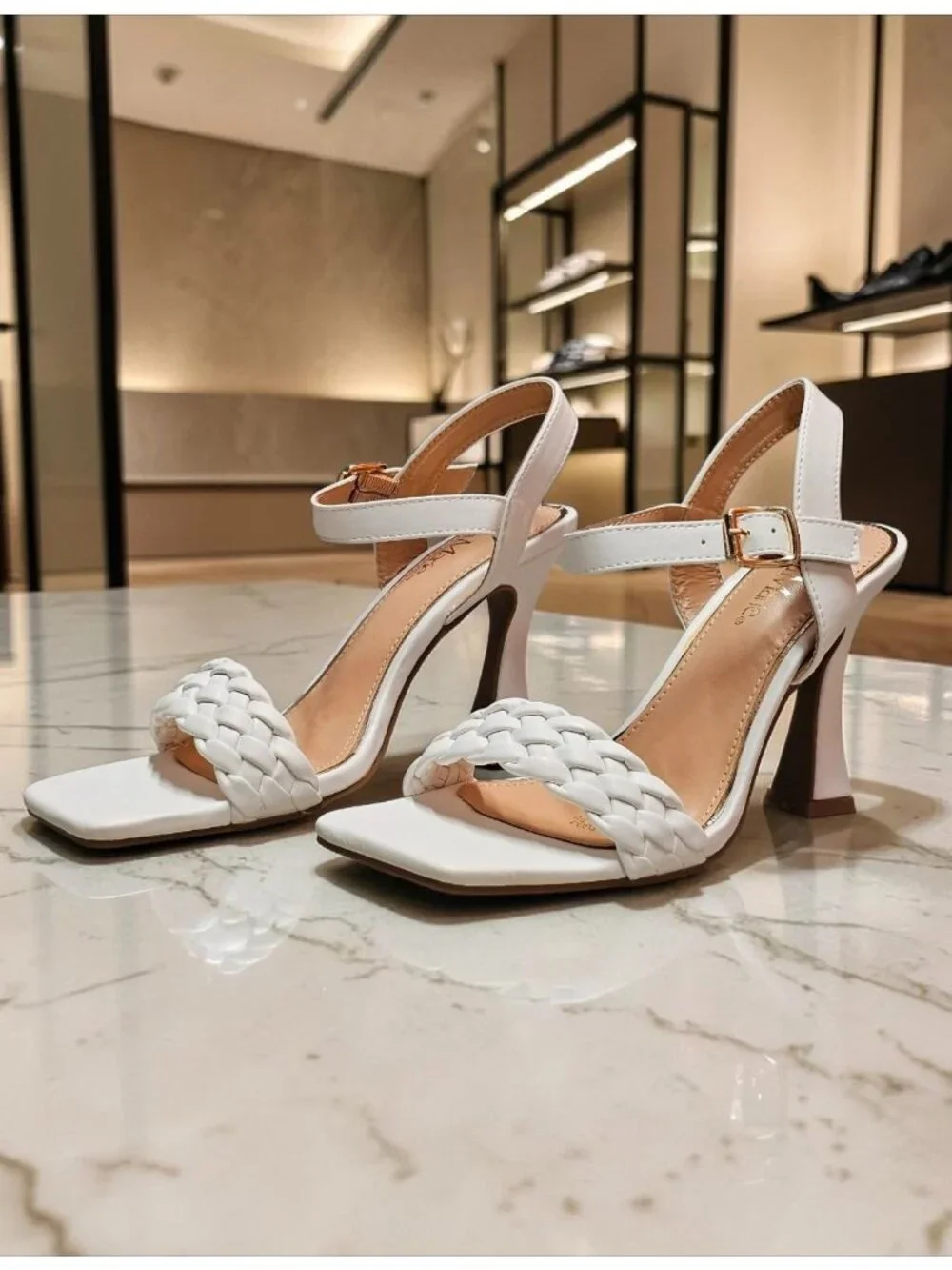 White Braided Strap High Heel Sandals With Square Toe & Adjustable Buckle Closur
